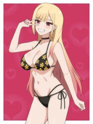 1girl absurdres barbell_piercing bikini black_bikini black_choker blonde_hair border breasts choker cleavage commentary dani_(angrymatthew) ear_piercing english_commentary floral_print_bikini gradient_hair grin gyaru halterneck heart heart_background highres kitagawa_marin large_breasts long_hair looking_at_viewer multi-strapped_bikini_bottom multicolored_hair navel outside_border piercing red_background red_eyes side-tie_bikini_bottom smile solo sono_bisque_doll_wa_koi_wo_suru standing stomach string_bikini swimsuit v v_over_eye white_border