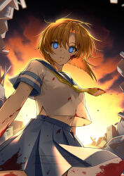 1girl blood blood_on_clothes blood_on_face blue_eyes blue_sailor_collar blue_skirt chromatic_aberration commentary_request cowboy_shot highres higurashi_no_naku_koro_ni junkyard konogi_nogi looking_at_viewer midriff_peek neckerchief orange_hair orange_sky pleated_skirt ryuuguu_rena sailor_collar school_uniform serafuku shirt short_sleeves skirt sky slit_pupils solo sunset watermark white_shirt yellow_neckerchief