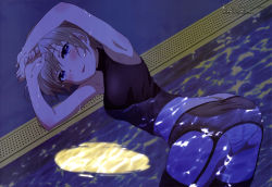 10s 1girl absurdres armpits arms_up ass bent_over blonde_hair blue_eyes blush female_focus gakkou_gurashi! garter_belt garter_straps highres kurosawa_keiko looking_back naoki_miki night official_art partially_submerged pool poolside reflection short_hair sleeveless smile soaked solo thighhighs water