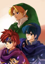 Rule 34 | 3boys, armor, blonde hair, blue armor, blue eyes, blue hair, collar, commentary request, earrings, fire emblem, fire emblem: mystery of the emblem, fire emblem: the binding blade, gem, green hat, hat, highres, jewelry, link, marth (fire emblem), multiple boys, nintendo, parted bangs, pointy ears, red hair, roy (fire emblem), short hair, shoulder armor, sketch, studio sugimoto, super smash bros., the legend of zelda, the legend of zelda: ocarina of time, tiara, upper body, white collar