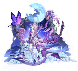 1girl absurdres backless_dress backless_outfit bare_back bare_shoulders bug butterfly castorice_(honkai:_star_rail) dress flower gradient_hair grey_hair hair_flower hair_ornament high_heels highres holding holding_scythe holding_weapon honkai:_star_rail honkai_(series) insect multicolored_hair purple_eyes purple_flower purple_hair purple_rose rose scythe sirina solo thighhighs weapon white_thighhighs