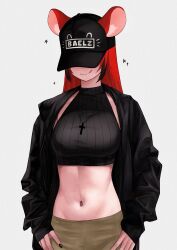 1girl alternate_costume animal_ears baseball_cap black_hair black_hat black_jacket black_nails black_sweater breasts commentary covered_eyes cross cross_necklace english_commentary grey_background hakos_baelz hands_on_own_hips hat hat_over_eyes highres hololive hololive_english jacket jewelry large_breasts mouse_ears mouse_girl multicolored_hair nail_polish navel necklace red_hair simple_background sleeveless sleeveless_sweater sleeveless_turtleneck sleeveless_turtleneck_sweater smile solo streaked_hair sweater tongue tongue_out turtleneck turtleneck_sweater unmeidesu virtual_youtuber