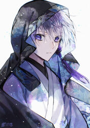 1boy closed_mouth commentary_request expressionless eyes_visible_through_hair highres japanese_clothes kimono light_particles male_focus matsunaka_hiro original purple_eyes purple_hair short_hair simple_background solo tassel upper_body veil white_background white_kimono