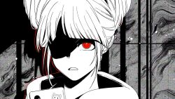 Rule 34 | 1girl, b1ue e4rth, blunt bangs, cellphone, commentary, cone hair bun, double bun, frown, glaring, greyscale, hair bun, hashtag-only commentary, highres, jasmine (toshi densetsu kaitai center), looking at viewer, monochrome, partially shaded face, phone, red eyes, short hair, smartphone, solo, spot color, toshi densetsu kaitai center, upper body