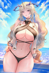 1girl alternate_costume bikini black_bikini blonde_hair blue_eyes blue_hair blue_sky breasts colored_inner_hair commentary criss-cross_straps crown_of_thorns day earrings english_commentary fleurdelys_(wuthering_waves) floating_earrings groin hand_on_own_hip heart highres horns huge_breasts jewelry long_hair long_horns looking_at_viewer mcdobo multicolored_hair nail_polish navel open_mouth parted_lips pointy_ears purple_nails sidelocks single_horn sky smile solo stomach swimsuit tacet_mark_(wuthering_waves) thighs underboob very_long_hair wading wuthering_waves yellow_horns