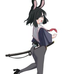 1girl :d animal_ears black_hair black_leotard black_pantyhose black_shoes blush brown_eyes colored_inner_hair commentary_request cropped_shirt fang grey_hair high_heels highres katana leotard leotard_under_clothes looking_at_viewer multicolored_hair neckerchief open_mouth original osakana_(kitasisn) pantyhose purple_shirt rabbit_ears rabbit_girl rabbit_tail red_neckerchief sailor_collar sailor_shirt scabbard sheath sheathed shirt shoes simple_background skin_fang smile solo standing standing_on_one_leg sword tail usami_(osakana) weapon white_background white_sailor_collar