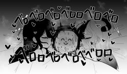 1boy 2girls asahina_yoshitoshi blanket blue_archive blush closed_eyes doodle_sensei_(blue_archive) ear_licking greyscale halo horns kayoko_(blue_archive) kei_(blue_archive) licking long_hair lying monochrome multiple_girls on_bed on_side open_mouth sensei_(blue_archive) smile tongue tongue_out under_covers