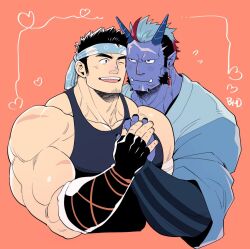 2boys another_eidos-r aqua_hair armpit_hair bara black_tank_top blue_hair blush cheek-to-cheek colored_skin couple cowboy_shot cropped_torso demon_boy earrings facial_hair from_below grey_skin habaki_(another_eidos) happy headband heads_together holding_hands interspecies jewelry large_pectorals male_focus medium_sideburns monster_boy multiple_boys muscular muscular_male no_eyebrows official_alternate_costume pectorals pointy_ears red_hair scar scar_on_chin scar_on_face sekijaku shy sideburns_stubble sparse_arm_hair sparse_chest_hair stubble tank_top tengo_(another_eidos) thick_neck tusks wet yaoi