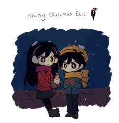 Rule 34 | 1boy, 1girl, alternate costume, antenna hair, beanie, black eyes, black hair, black leggings, black pants, black shirt, black skirt, blue jacket, bright pupils, brother and sister, brown footwear, brown mittens, closed mouth, coat, deformed, earmuffs, english text, full body, hair between eyes, hat, holding snowman, jacket, leggings, long hair, long sleeves, looking at object, mari (faraway) (omori), mari (omori), merry christmas, mini snowman, mittens, night, night sky, omori, orange headwear, orange scarf, outdoors, pants, pantyhose, pink scarf, red coat, santa hat, scarf, shirt, short hair, siblings, skirt, sky, slugrab, smile, snow, snow on head, snowman, something (omori), sunny (omori), white pupils