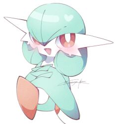 blush bob_cut colored_skin gardevoir gen_3_pokemon green_hair green_skin looking_at_viewer multicolored_skin narumiya_pkmn nintendo open_mouth own_hands_together pink_eyes pokemon pokemon_(creature) signature simple_background smile two-tone_skin white_background white_skin
