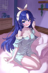 1girl absurdres arm_at_side blue_archive blue_eyes blue_hair blue_pajamas blush bow breasts cleavage clenched_hand collarbone commentary_request cowlick embarrassed eyelashes full_body furrowed_brow hair_between_eyes hair_bow hair_over_shoulder hairband hand_up highres indoors large_breasts long_hair looking_at_viewer nose_blush official_alternate_costume official_alternate_hairstyle on_bed open_mouth pajamas red_pupils seiza short_sleeves single_bare_shoulder sitting slippers solo swoon_(swoonnoah) thighs very_long_hair wavy_mouth white_bow white_hairband yuuka_(blue_archive) yuuka_(pajamas)_(blue_archive)
