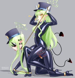 2girls absurdres anal anal_object_insertion black_blindfold black_bodysuit black_tail blindfold blowing_whistle blue_archive bodysuit chain chain_leash covered_eyes demon_tail double_penetration flat_chest gloves green_hair green_halo halo high_heels highres hikari_(blue_archive) holding holding_leash impossible_bodysuit impossible_clothes incest latex latex_bodysuit leash long_hair maguro27 multiple_girls nozomi_(blue_archive) object_insertion pet_play pointy_ears rabbit_pose riding saliva siblings sisters skin_tight tail tongue tongue_out twincest twins twintails vaginal vaginal_object_insertion very_long_hair whistle white_gloves x-ray yellow_eyes