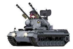 1girl anti-aircraft anti-aircraft_gun black_hat black_shirt blue_archive blue_halo caterpillar_tracks closed_mouth collared_shirt flakpanzer_gepard grey_eyes hair_between_eyes halo hat highres hrna iroha_(blue_archive) long_hair military_vehicle motor_vehicle peaked_cap red_hair self-propelled_anti-aircraft-gun self-propelled_anti-aircraft_weapon self-propelled_gun shirt simple_background solo tank white_background