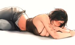 1girl absurdres black_camisole black_hair blue_eyes breasts camisole chainsaw_man cleavage closed_mouth eyepatch grey_pants highres himeno_(chainsaw_man) large_breasts limart looking_at_viewer lying navel on_side panties pants simple_background smile solo underwear white_background white_panties