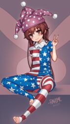 1girl alternate_costume american_flag american_flag_dress american_flag_legwear american_flag_print cameltoe clownpiece cosplay crossover eris_greyrat fairy fairy_wings fat_mons feet flag_print hat highres jester_cap legs long_hair mushoku_tensei neck_ruff rahime sitting solo solo_focus spread_legs star_(symbol) star_print stirrup_legwear striped_clothes thighs toeless_legwear toes touhou v wings wrinkled_fabric