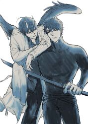 2boys arm_over_shoulder backlighting black_hair black_shirt black_wings cleaning_rag cleaning_sword coat cowboy_shot curtained_hair demon_horns feathered_wings floating flying grin hand_on_own_arm highres holding holding_sword holding_weapon horns kim_dokja leaning_on_person looking_at_another multiple_boys official_alternate_costume omniscient_reader&#039;s_viewpoint raya_(000_unseen) shirt short_hair smile sword weapon white_coat wings yoo_joonghyuk