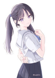 1girl arm_around_back black_hair blush bow bowtie breasts closed_mouth hair_ornament hondahiro long_hair looking_at_viewer original pleated_skirt purple_eyes sailor_collar school_uniform shirt short_sleeves simple_background skirt smile solo twintails white_background white_sailor_collar white_shirt