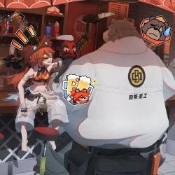 1girl 2boys alcohol animal_ears barefoot bear_boy bear_ears beer ben_bigger black_tank_top brown_fur closed_mouth commentary cooking english_commentary eyepatch fake_animal_ears furry furry_male general_chop_(zenless_zone_zero) headband highres holding holding_knife knife kogawa_kaen koleda_belobog looking_at_another looking_down midriff multiple_boys on_table one_eye_covered open_mouth pants red_hair scar scar_across_eye scar_on_face sitting smile sweatdrop table tank_top white_pants zenless_zone_zero