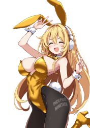 animal_ears arm_up bare_shoulders black_pantyhose blonde_hair blush boots bow bowtie breasts cleavage closed_eyes clothes_writing covered_navel cowboy_shot detached_collar fake_animal_ears fake_tail gold_leotard hair_between_eyes hair_intakes headphones hirowa_nagi indie_virtual_youtuber jumping large_breasts leotard long_hair open_mouth pantyhose playboy_bunny rabbit_ears rabbit_tail sato_(vtuber) simple_background smile tail v-shaped_eyebrows very_long_hair virtual_youtuber w white_nails wrist_cuffs yellow_boots yellow_bow yellow_bowtie yellow_leotard