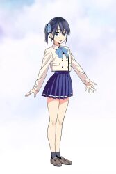 1girl black_hair black_socks blazer blue_bow blue_bowtie blue_eyes blue_ribbon blue_skirt bow bowtie breasts brown_shoes dot_nose female_focus flat_chest full_body hair_ribbon highres hiroyuki jacket kanojo_mo_kanojo legs long_sleeves looking_at_viewer minase_nagisa miniskirt official_art open_mouth pleated_skirt ribbon school_uniform shoes short_hair side_ponytail skirt small_breasts socks solo solo_focus teeth thighs upper_teeth_only white_jacket