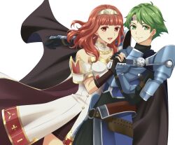 1boy 1girl absurdres alm_(fire_emblem) armor belt black_gloves black_skirt blue_armor breastplate cape celica_(fire_emblem) choker circlet couple dress earrings fingerless_gloves fire_emblem fire_emblem_echoes:_shadows_of_valentia gloves gold_circlet green_eyes green_hair hetero highres holding_hands jewelry kakiko210 long_hair nintendo orange_eyes orange_hair prince princess red_eyes red_hair short_hair shoulder_armor skirt tiara white_armor white_dress