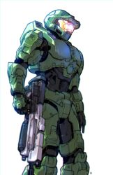 1boy absurdres animification armor assault_rifle black_gloves bullpup gloves gun halo_(series) halo_infinite helmet highres holding holding_gun holding_weapon ma5 master_chief nasutetsu open_hand power_armor rifle science_fiction scratched_paint solo spartan_(halo) visor weapon white_background