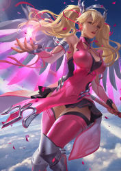 1girl absurdres alternate_hairstyle bare_shoulders black_skirt blonde_hair blue_eyes blue_sky breasts cloud cloudy_sky cowboy_shot criss-cross_halter day dress energy eyelashes female_focus fingerless_gloves fingernails gloves glowing glowing_wings hair_between_eyes hair_ribbon halo halterneck highres holding holding_staff large_breasts light_particles looking_at_viewer mechanical_halo mechanical_wings mercy_(overwatch) nail_polish nose official_alternate_costume outdoors overwatch overwatch_1 parted_lips pelvic_curtain petals pink_dress pink_lips pink_mercy pink_nails pink_ribbon ribbon skirt sky solo staff thighhighs ttk_(kirinottk) twintails wings