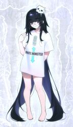 1other absurdly_long_hair androgynous arm_behind_back arrow_(symbol) barefoot black_eyes black_hair black_nails closed_mouth commentary creature english_commentary feet fingernails full_body glasses hand_up highres long_hair looking_at_viewer madi_(weeniedesu) meme mole mole_on_thigh mole_under_eye monster_energy nail_polish no_pants on_head original other_focus oversized_clothes oversized_shirt rage_comic round_eyewear shirt short_sleeves smile solo standing t-shirt thick_eyebrows toenail_polish toenails toes troll_face two_soyjaks_pointing_(meme) v very_long_hair white_shirt