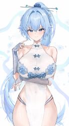 1girl absurdres arm_under_breasts bare_shoulders blue_eyes blue_hair blue_panties breasts character_pria china_dress chinese_clothes closed_mouth commentary_request covered_navel cowboy_shot dress gurami_(zangizarang) hair_ornament hairpin hand_up highres korean_commentary large_breasts long_hair looking_at_viewer multi-strapped_panties original panties pelvic_curtain pointing pointing_at_self ponytail see-through_clothes see-through_dress side-tie_peek sleeveless sleeveless_dress smile solo string_panties thigh_gap thighs underwear very_long_hair white_background white_dress