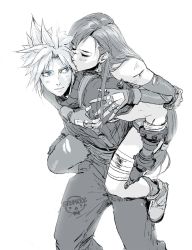 1boy 1girl bandaid bandaid_on_leg blue_eyes carrying cloud_strife cuts earrings elbow_gloves final_fantasy final_fantasy_vii final_fantasy_vii_remake fingerless_gloves gloves greyscale hetero highres injury jewelry kiss long_hair monochrome piggyback spiked_hair spykeee square_enix tifa_lockhart torn_clothes torn_legwear