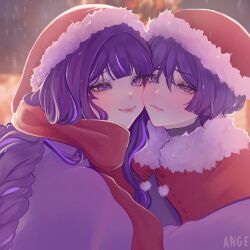 1boy 1girl ange510763 artist_name blunt_bangs blunt_ends blurry blurry_background blush capelet cheek-to-cheek christmas christmas_tree closed_mouth eyelashes fur-trimmed_capelet fur-trimmed_headwear fur_trim genshin_impact hat heads_together highres long_hair low-braided_long_hair low-tied_long_hair mother_and_son multicolored_hair outdoors purple_eyes purple_hair raiden_shogun red_capelet red_hair red_lips red_scarf santa_hat scaramouche_(genshin_impact) scarf smile snowing streaked_hair tsurime wispy_bangs