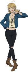 1girl ahoge ankle_boots arm_behind_back artist_request bangle blonde_hair blue_eyes boots bracelet breasts christine_(lazarus) cleavage clenched_hand collarbone crossed_legs denim earrings female_focus full_body hair_between_eyes hands_up high_heels jacket jeans jewelry large_breasts lazarus lips long_hair long_sleeves looking_to_the_side midriff navel neck official_art one_eye_closed open_clothes open_jacket pants parted_lips shirt_under_shirt source_request standing thick_lips torn_clothes torn_pants triangle_earrings white_background
