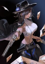 Rule 34 | 1girl, absurdres, black hair, black hat, black pants, bracelet, breasts, card, colt walker, colt walker (girls&#039; frontline), covered collarbone, cowboy hat, crop top, dual wielding, earrings, girls&#039; frontline, gradient background, green eyes, gun, hair over one eye, handgun, hat, highres, holding, holster, hoop earrings, jacket, jewelry, large breasts, leather, leather pants, looking at viewer, midriff, navel, nineye, pants, playing card, revolver, shirt, simple background, sleeveless, sleeveless turtleneck, smile, solo, suspenders, taut clothes, taut shirt, turtleneck, underboob, weapon, weapon connection, white shirt, yellow nails