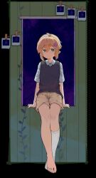 1boy basil_(faraway)_(omori) basil_(omori) blonde_hair blue_eyes brown_shorts closed_mouth clothes_pin flower green_sweater_vest hair_flower hair_ornament highres kneehighs looking_at_viewer omori photo_(object) psychokokuon shirt short_hair short_sleeves shorts single_sock socks solo sweater_vest white_shirt white_socks