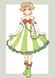 1girl :&gt; absurdres ankle_boots arm_bow bag blonde_hair blush_stickers boots border bow bowtie character_bag chinese_commentary collarbone commentary commentary_request curtsey daiba_nana dot_nose dress elbow_gloves english_commentary footwear_bow frilled_dress frills frog gloves green_boots green_bow green_dress green_eyes grey_border hair_bow hasunoue_keroppi highres kero_kero_keroppi looking_at_viewer mabing mixed-language_commentary official_alternate_costume outside_border pouch red_bow red_bowtie rubber_boots sailor_collar sailor_dress sanrio short_hair shoujo_kageki_revue_starlight shoulder_pouch skirt_hold sleeveless sleeveless_dress solo sparkle striped_clothes striped_dress teruterubouzu two-tone_dress two_side_up white_border white_dress white_gloves white_sailor_collar