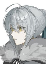 1girl ahoge aqua_ribbon braid expressionless fate_(series) fur_trim gray_(fate) grey_hair hair_ribbon highres looking_ahead lord_el-melloi_ii_case_files portrait ribbon simple_background solo tokoni_fusu white_background yellow_eyes