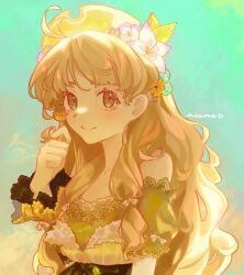 1girl aqua_background artist_name atelier_(series) atelier_ayesha ayesha_altugle blonde_hair closed_mouth commentary dress flower hair_flower hair_ornament highres long_hair looking_at_viewer neema_(oneemasan) pink_flower smile solo upper_body