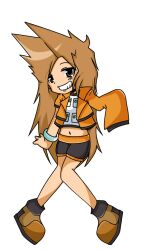 1girl ace_attorney boots bracelet brown_eyes brown_hair full_body highres jacket jewelry larry_butz legs_together long_hair long_sleeves multicolored_jacket non-web_source orange_jacket outline outstretched_hand puffy_short_sleeves puffy_sleeves raised_eyebrows short_sleeves smile spiked_hair transparent_background white_outline