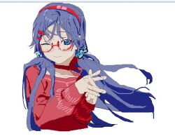 1girl ;) =_hair_ornament bespectacled blue_eyes blue_hair choker closed_mouth crazy_mita_(miside) cropped_torso floating_hair glasses hair_ornament hair_scrunchie hairband interlocked_fingers jaggy_lines light_blush long_hair looking_at_viewer low_ponytail microsoft_paint_(medium) miside mita_(miside) one_eye_closed own_hands_together ponytail red-framed_eyewear red_choker red_hairband red_sweater ribbon_choker scrunchie semi-rimless_eyewear simple_background smile solo sweater tkwkai under-rim_eyewear white_background