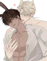 Rule 34 | 2boys, abs, animal ears, blonde hair, brown hair, cat ears, clenched teeth, codename anastasia (manhwa), collared shirt, hair between eyes, hand on another&#039;s chest, heart, highres, kemonomimi mode, kwon taekju, licking, licking another&#039;s neck, male focus, multiple boys, no shirt, open clothes, open shirt, pectorals, rabbit ears, rorynans, shirt, short hair, special request for newlyweds, teeth, toned, toned male, tongue, tongue out, upper body, white shirt, yaoi, zhenya (codename anastasia)