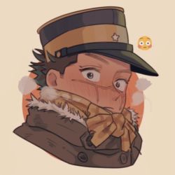 1boy alternate_costume blush brown_eyes brown_hair chibi close-up emoji facial_scar golden_kamuy hat imperial_japanese_army kepi knot male_focus military_hat scar scar_on_cheek scar_on_face scar_on_mouth scar_on_nose scarf short_hair simple_background solo spiked_hair sugimoto_saichi tonta_(tonta1231) winter_clothes yellow_scarf