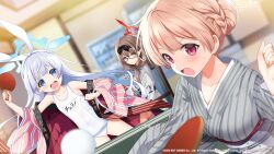 3girls :d :o ball bath_yukata blue_archive blue_eyes blurry blurry_background blush bow brown_eyes brown_hair cherino_(blue_archive) cherino_(hot_spring)_(blue_archive) chinatsu_(blue_archive) chinatsu_(hot_spring)_(blue_archive) commentary_request copyright_notice depth_of_field glasses grey_hair grey_kimono hair_bow hair_bun hairband halo highres indoors japanese_clothes kimono kurot long_hair long_sleeves multiple_girls nodoka_(blue_archive) nodoka_(hot_spring)_(blue_archive) official_alternate_costume official_art old_school_swimsuit one-piece_swimsuit open_clothes open_kimono open_mouth orange_hair paddle parted_lips pink_kimono pointy_ears red_eyes school_swimsuit single_hair_bun smile striped_clothes striped_kimono sweatdrop swimsuit swimsuit_under_clothes table_tennis table_tennis_ball table_tennis_paddle teeth upper_teeth_only vending_machine vertical-striped_clothes vertical-striped_kimono very_long_hair wavy_mouth white_one-piece_swimsuit wide_sleeves yukata