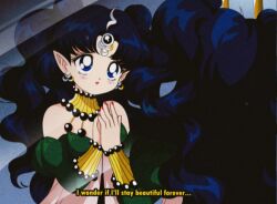 1990s_(style) 1girl bad_id bad_twitter_id bare_shoulders beads bishoujo_senshi_sailor_moon black_hair blue_eyes breasts choker cleavage commentary cowboy_shot crescent crescent_earrings detached_sleeves dot_nose dress earrings english_commentary english_text eyelashes fake_screenshot faux_retro_artstyle from_behind full-length_mirror green_dress green_sleeves hand_on_mirror highres honeymoonpetal jewelry juliet_sleeves light_blush lipstick long_hair long_sleeves looking_at_reflection makeup mirror multiple_earrings nail_polish nehelenia_(sailor_moon) official_style parted_bangs parted_lips pink_lips pointy_ears puffy_sleeves raised_inner_eyebrows red_nails reflection retro_artstyle solo strapless strapless_dress two_side_up very_long_hair wavy_hair yellow_choker