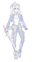 1boy blue_eyes breath_of_fire breath_of_fire_v closed_mouth enkyo_yuuichirou full_body gloves highres holding holding_sword holding_weapon looking_at_viewer male_focus ryu_(breath_of_fire_v) short_hair simple_background solo sword weapon white_background