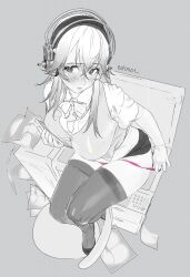 Rule 34 | 1girl, blush, bow, bowtie, breasts, closed mouth, commentary, ed0401, english commentary, greyscale, hair between eyes, headphones, highres, holding, large breasts, long hair, monochrome, nitroplus, panties, panty pull, photocopier, photocopying self, pink panties, shirt, simple background, sitting, solo, spot color, super sonico, underwear, undressing, vest