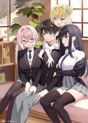 1boy 3girls :d :o @_@ absurdres banknote bed bedroom black_hair black_jacket black_pantyhose black_thighhighs blonde_hair blue_eyes blue_hair blue_necktie blush book bracelet breast_press breasts cardigan character_request closed_mouth collared_shirt colored_inner_hair commentary_request copyright_request cross cross_earrings earrings embarrassed eyes_visible_through_hair green_eyes grey_pants grey_skirt hair_bun hands_on_own_thighs highres hug hug_from_behind indoors jacket jewelry knees_together_feet_apart lamp large_breasts locked_arms long_hair looking_at_viewer loose_necktie mask microskirt money multicolored_hair multiple_girls necktie off-shoulder_jacket off_shoulder official_art on_bed open_clothes open_jacket open_mouth oryo_(oryo04) pants pantyhose parted_lips pink_eyes pink_hair plant pleated_skirt school_uniform second-party_source semi-rimless_eyewear shelf shiny_skin shirt short_hair side-by-side single_side_bun sitting skirt small_sweatdrop smile streaked_hair thighhighs thighs white_shirt window wing_collar zettai_ryouiki