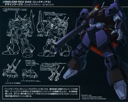 1980s_(style) 1990s_(style) aeug back bazooka_(gundam) cable character_name exposed_internal_machinery gun gundam gundam_perfect_file highres lineart machine_gun machinery mecha mecha_focus mixed-language_text mobile_suit multiple_views no_humans oldschool one-eyed retro_artstyle rick_dias robot scan science_fiction shino_masanori signature traditional_media translation_request weapon zeta_gundam