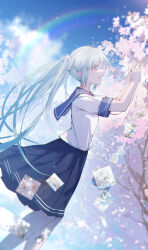 1girl absurdres aqua_eyes aqua_hair blue_sailor_collar blue_skirt blue_sky cherry_blossoms cherry_tree cloud commentary day feet_out_of_frame floating_hair from_side hair_ornament hair_scrunchie hands_up hatsune_miku highres lens_flare long_hair looking_at_object medium_skirt open_mouth outdoors outstretched_hand photo_(object) pleated_skirt rainbow sailor_collar scrunchie shirt short_sleeves skirt sky smile solo standing sunlight tree twintails very_long_hair vocaloid white_scrunchie white_shirt wvmao