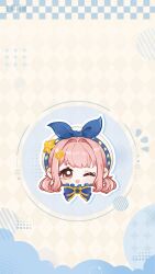 1girl absurdres argyle_background artist_request beret blue_bow blue_bowtie blue_brooch blush_stickers bow bowtie brooch brown_eyes bubbly_voyage_(infinity_nikki) circle eyelashes frilled_bowtie hair_intakes hair_ornament hair_rings hairclip happy hat hat_bow hat_ornament head_only highres infinity_nikki jewelry looking_at_viewer nikki_(nikki) nikki_(series) notice_lines official_art official_wallpaper one_eye_closed open_mouth outline pink_hair rabbit_hair_ornament second-party_source short_hair smile solo star_(symbol) star_hat_ornament tareme white_background white_hat white_outline