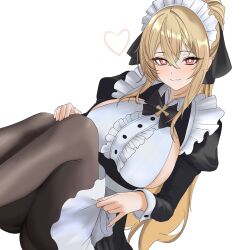 Rule 34 | 1girl, alternate costume, blonde hair, breasts, bright pupils, center frills, counter:side, dutch angle, ecclesia (counter:side), enmaided, frills, hair between eyes, hand on own knee, head tilt, heart, highres, juliet sleeves, knees up, korean commentary, kurotel687, large breasts, light blush, light smile, long hair, long sleeves, looking at viewer, maid, maid headdress, pantyhose, ponytail, puffy sleeves, red eyes, ringed eyes, sideboob cutout, simple background, sitting, solo, white background, white pupils